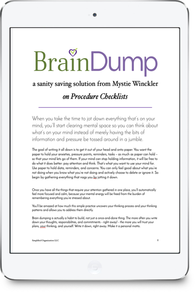 You can't use anyone else's plans. You have to figure out what you need for yourself in your own situation. This brain dump guide will walk you through the process of setting up your own simple, straightforward procedure checklists so that you can get more momentum in your day.